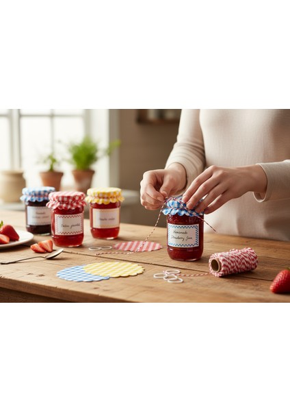 Kavanoz Kapağı Örtüsü – Pötikare Desenli, Hediyelik ve Dekoratif Mavi/Sarı/Kırmızı