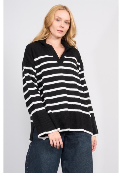 Çetinkaya Fithit 2137 Kadın V Yaka Akrilik Yırtmaçlı Triko Kazak Siyah