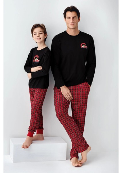 3515 Baba&oğul Uzun Kollu Bisiklet Yaka Pijama Takımı-Siyah