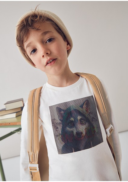 Erkek Çocuk Uzun Kollu Tişört | %100 Pamuk, Krem Renk, Hologram Detaylı, 4-10 Yaş, Bisiklet Yaka