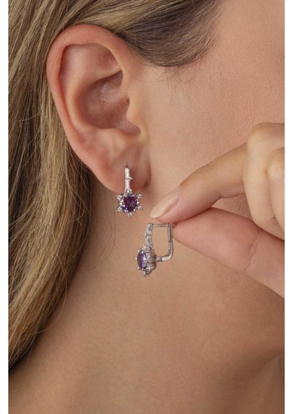 Ametist Taşlı Prenses Tektaş Gümüş Küpe