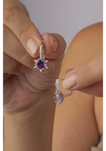 Ametist Taşlı Prenses Tektaş Gümüş Küpe modelleri