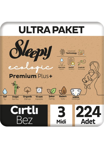 Ecologic Premium Plus Ultra Paket Bebek Bezi 3 Numara Midi 224 Adet