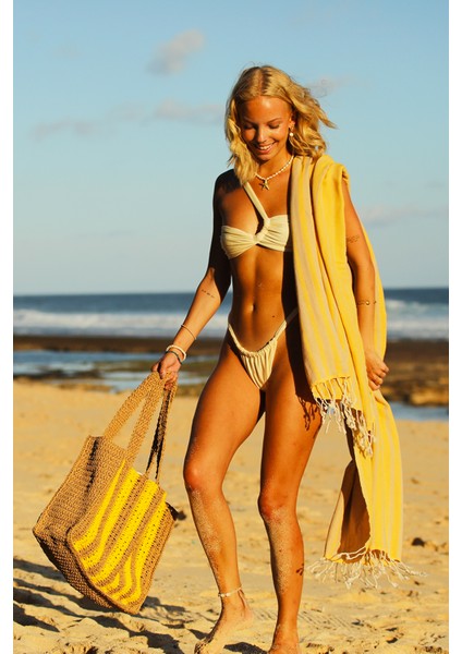 Marla Amber, Kağıt Ip (Rafia), El Örgüsü, Cabana Desenli, Plaj Çantası.