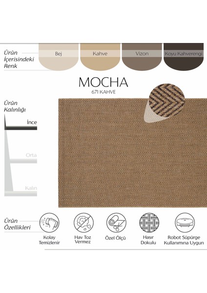 Mocha 671 Kahverengi Halı Kilim Hasır Görünüm Bohem Ince Leke Tutmayan Salon Mutfak Halısı fiyatları