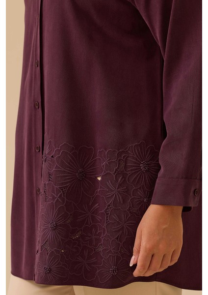 Kadın Büyük Beden Çiçek Işlemeli Düğmeli Tunik 4009 Mürdüm modelleri