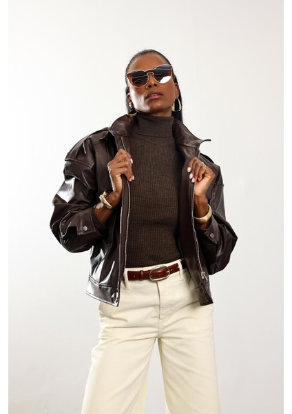 Kahverengi Deri Bomber Ceket 0618