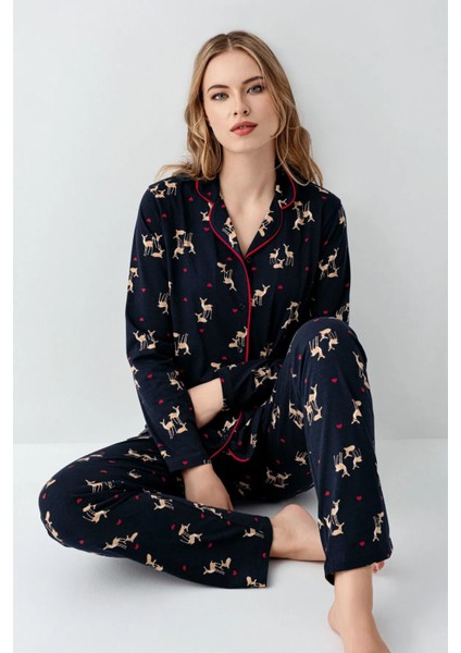 3451 Kadın Uzun Kollu Gömlek Pijama Takım-Lacivert