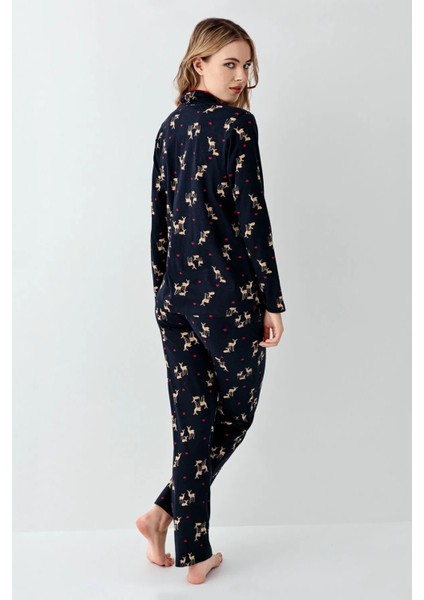 3451 Kadın Uzun Kollu Gömlek Pijama Takım-Lacivert fiyatları
