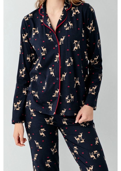 3451 Kadın Uzun Kollu Gömlek Pijama Takım-Lacivert modelleri