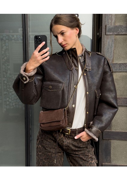 Zincir Biyeli Suni Kürk ve Deri Mix Mont IW6250012089008