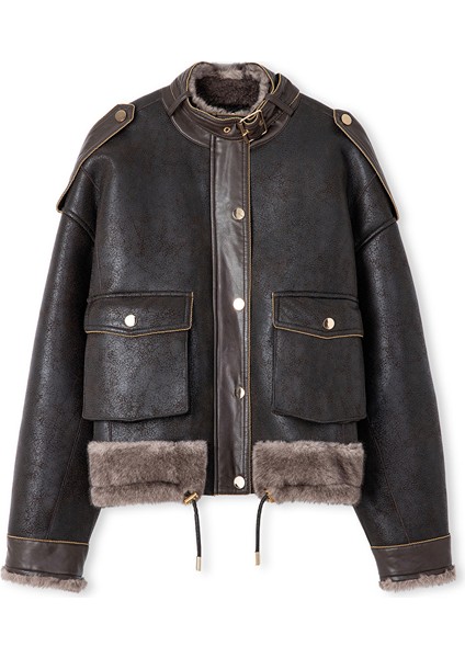 Zincir Biyeli Suni Kürk ve Deri Mix Mont IW6250012089008 indirimleri