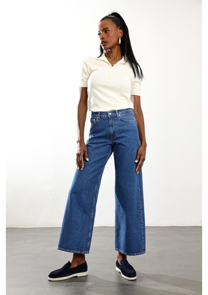 Mavi Yüksek Bel Lyocell Wide Leg Jean