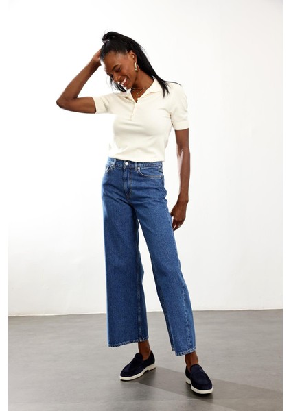 Mavi Yüksek Bel Lyocell Wide Leg Jean fiyatları
