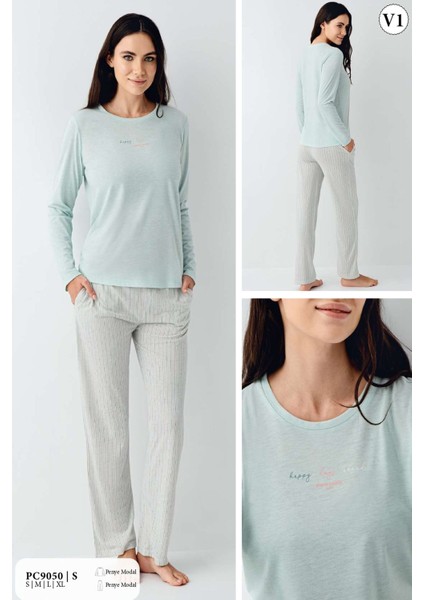 9050 Kadın Uzun Kollu Bisiklet Yaka Pijama Takımı-Nil