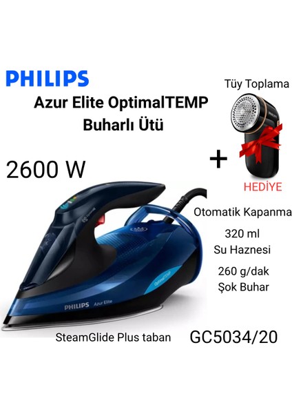 2600 Watt Azur Elite Optimaltemp Buharlı Ütü GC5034/20-MAVİ+TÜY Toplama Cihazı Hediye