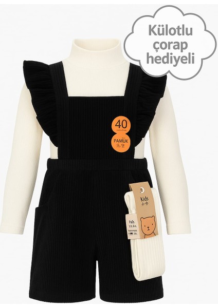 Kız Çocuk Kadife Askılı Şort Tulum Takım - Siyah Krem Kombin | 4- 8 Yaş - Şık Kışlık Kadife Salopet