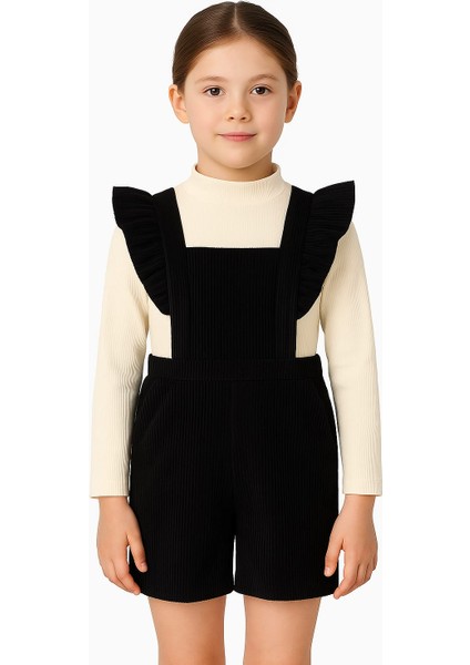 Kız Çocuk Kadife Askılı Şort Tulum Takım - Siyah Krem Kombin | 4- 8 Yaş - Şık Kışlık Kadife Salopet fiyatları