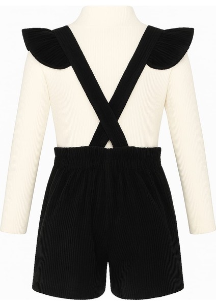 Kız Çocuk Kadife Askılı Şort Tulum Takım - Siyah Krem Kombin | 4- 8 Yaş - Şık Kışlık Kadife Salopet modelleri