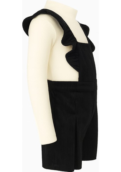 Kız Çocuk Kadife Askılı Şort Tulum Takım - Siyah Krem Kombin | 4- 8 Yaş - Şık Kışlık Kadife Salopet fırsatları