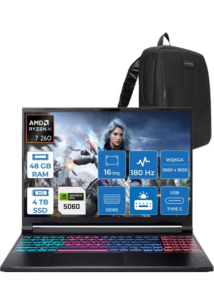 Nitro V 16S Aı Amd Ryzen™ 7 260 48GB Ddr5 4tb SSD 8GB/RTX5060 85W 16"qhd+ 2560X1600 180Hz IPS Freedos Gaming Bilgisayar. NHU03EY001F15+ZETTAÇANTA