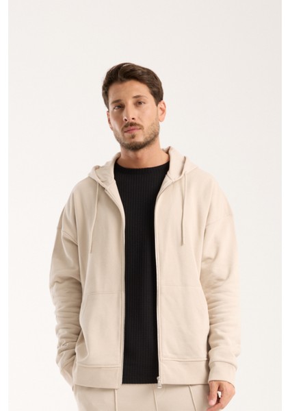%100 Pamuk Erkek Oversize Fermuarlı Kapüşonlu Sweatshirt | Bol Kesim Hoodie