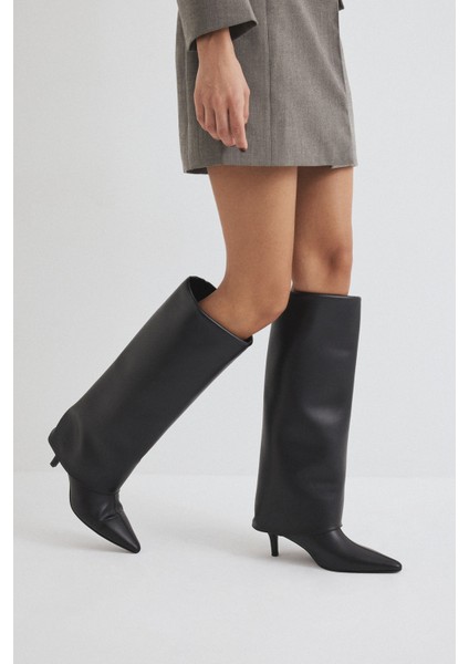 Çizme 2311 - Sivri Burun Tozluk Detaylı Siyah Kadın Çizme