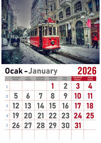 Takvim - Spiralli 12 Yaprak 32X47 cm - Manzara Resimli Kuşe Kağıt Duvar Takvimi - 2026