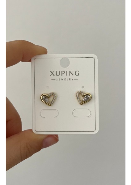 Xuping Gold Kadın Çelik Küpe Taşlı Kalp Küpe Kalpli Çelik Küpe Gold Renk Altın Renk Çelik Küpe Zarif Tasarım Taşlı Küpe Kalp Küpe Kadın Küpe Zirkon Taşlı Şık Tasarım Kalpli Küpe Kalp Küpe fırsatları
