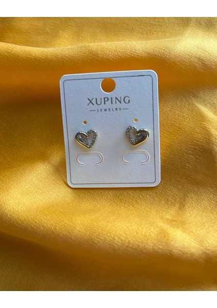 Xuping Gold Kadın Çelik Küpe Taşlı Kalp Küpe Kalpli Çelik Küpe Gold Renk Altın Renk Çelik Küpe Zarif Tasarım Taşlı Küpe Kalp Küpe Kadın Küpe Zirkon Taşlı Şık Tasarım Kalpli Küpe Kalp Küpe