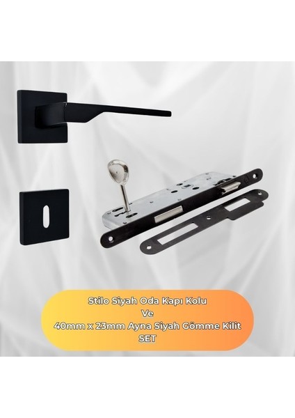 Stilo Siyah Kare Rozetli Oda Kapı Kolu ve 40X23MM Siyah Oda Gömme Kilit Set