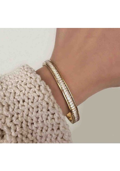 Gold Çelik Baget Taşlı Kelepçe Bileklik