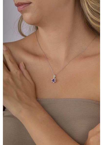 Ametist Taşlı Prenses Tektaş Gümüş Kolye