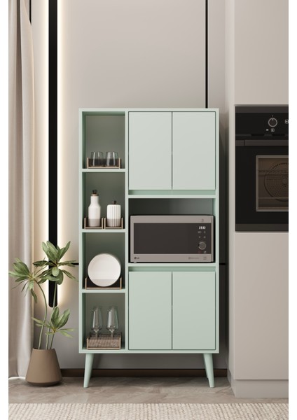 Linea Mint Yeşili Mdf Çok Amaçlı Fırın Dolabı Raflı,kapaklı 80X32X140 cm