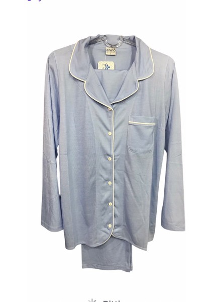 Uzun Kollu Kadın Önden Açık % 100 Pamuk Pijama TAKIMI-14935