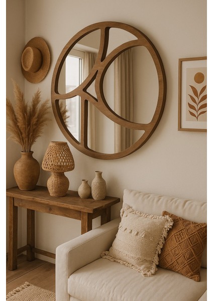 Patara Stone Circle Dekoratif Ayna -Ahşap Duvar Aynası -Yuvarlak Ayna