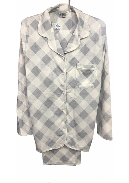 Uzun Kollu Kadın Önden Açık % 100 Pamuk Pijama TAKIMI-14935