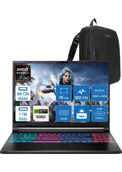 Nitro V 16S Aı Amd Ryzen™ 7 260 96GB Ddr5 1tb SSD 8GB/RTX5060 85W 16"qhd+ 2560X1600 180Hz IPS Freedos Gaming Bilgisayar. NHU03EY001F28+ZETTAÇANTA