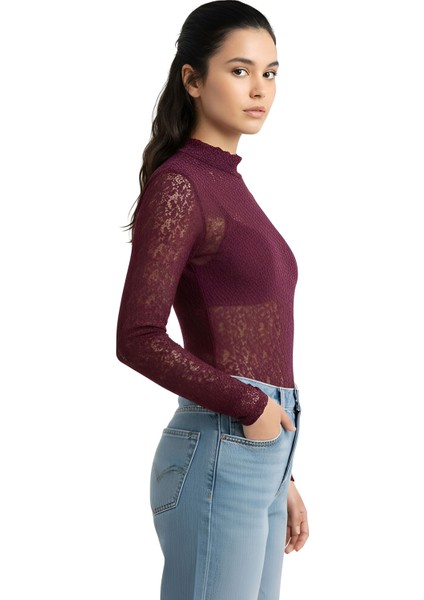 Kadın Bordo Uzun Kollu Yarım Balıkçı Yaka Body