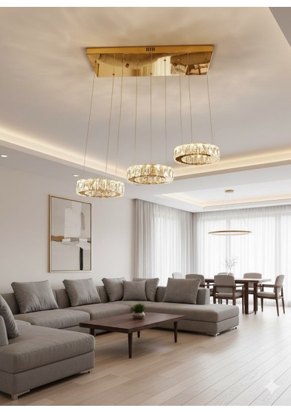 Plaket Kristal Taş Işlemeli Krom Paslanmaz Ledli Avize 20 cm Yemek Masası