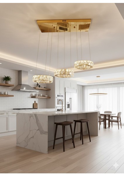 Plaket Kristal Taş Işlemeli Krom Paslanmaz Ledli Avize 20 cm Yemek Masası