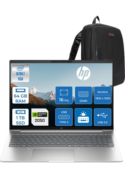 Probook 460 G11 Intel Core Ultra 7 155H Ddr5 64GB 1tb SSD Freedos RTX2050 4gb 16" Wuxga (1920 x 1200) IPS Taşınabilir Bilgisayar A23BYEAF28 + Zetta Çanta