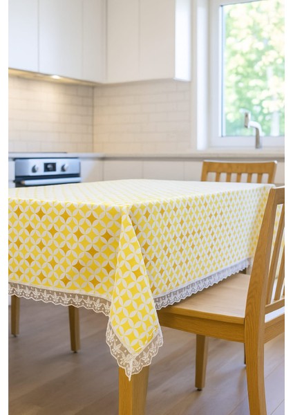 Lüks Güpürlü Sarı Duck Kumaş Masa Örtüsü Şık Desenli Su Geçirmez Silinebilir