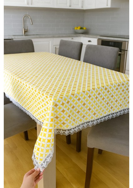 Lüks Güpürlü Sarı Duck Kumaş Masa Örtüsü Şık Desenli Su Geçirmez Silinebilir fırsatları