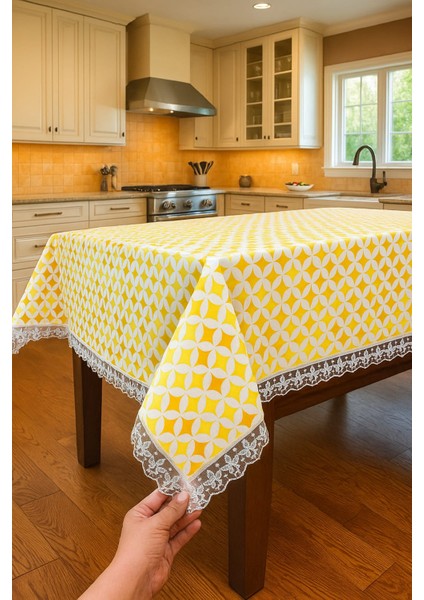 Lüks Güpürlü Sarı Duck Kumaş Masa Örtüsü Şık Desenli Su Geçirmez Silinebilir indirimleri