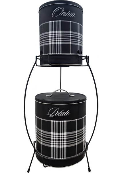 Dekoratif Siyah Ekose Tasarımlı Soğan ve Patates Saklama Kutusu Seti DC-6767 Standlı