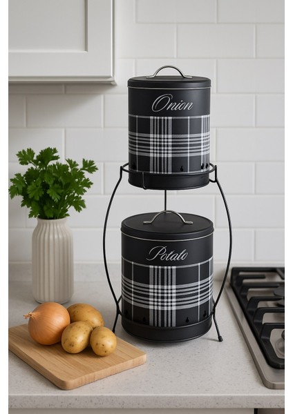 Dekoratif Siyah Ekose Tasarımlı Soğan ve Patates Saklama Kutusu Seti DC-6767 Standlı fiyatları
