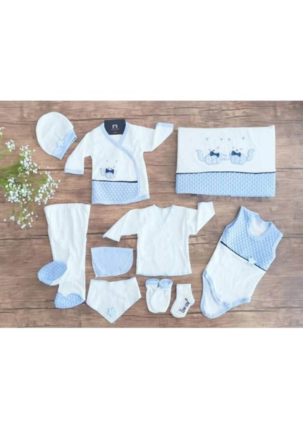 Erkek Bebek Mavi 10LU Nohutlu Kedili Zıbın Seti Hastane Çıkışı