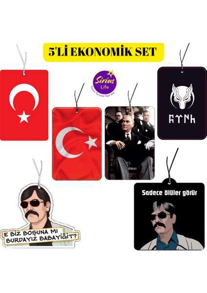 5'li Türk Bayrağı, Atatürk, Türk Yazısı, Kurtlar Vadisi Pala Tasarımlı Araba, Araç, Oto Kokusu