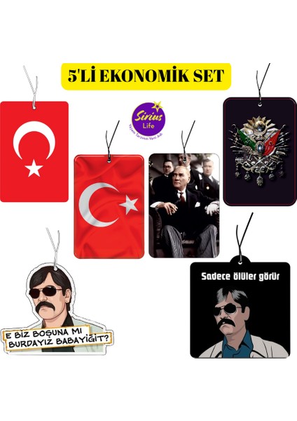 5'li Türk Bayrağı, Atatürk, Osmanlı Tuğralı, Kurtlar Vadisi Pala Tasarımlı Oto, Araç, Araba Kokusu